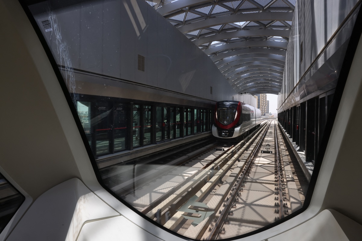 A metro train arrives at King Saud University station in Riyadh on April 27, 2025. (FILE/AFP)