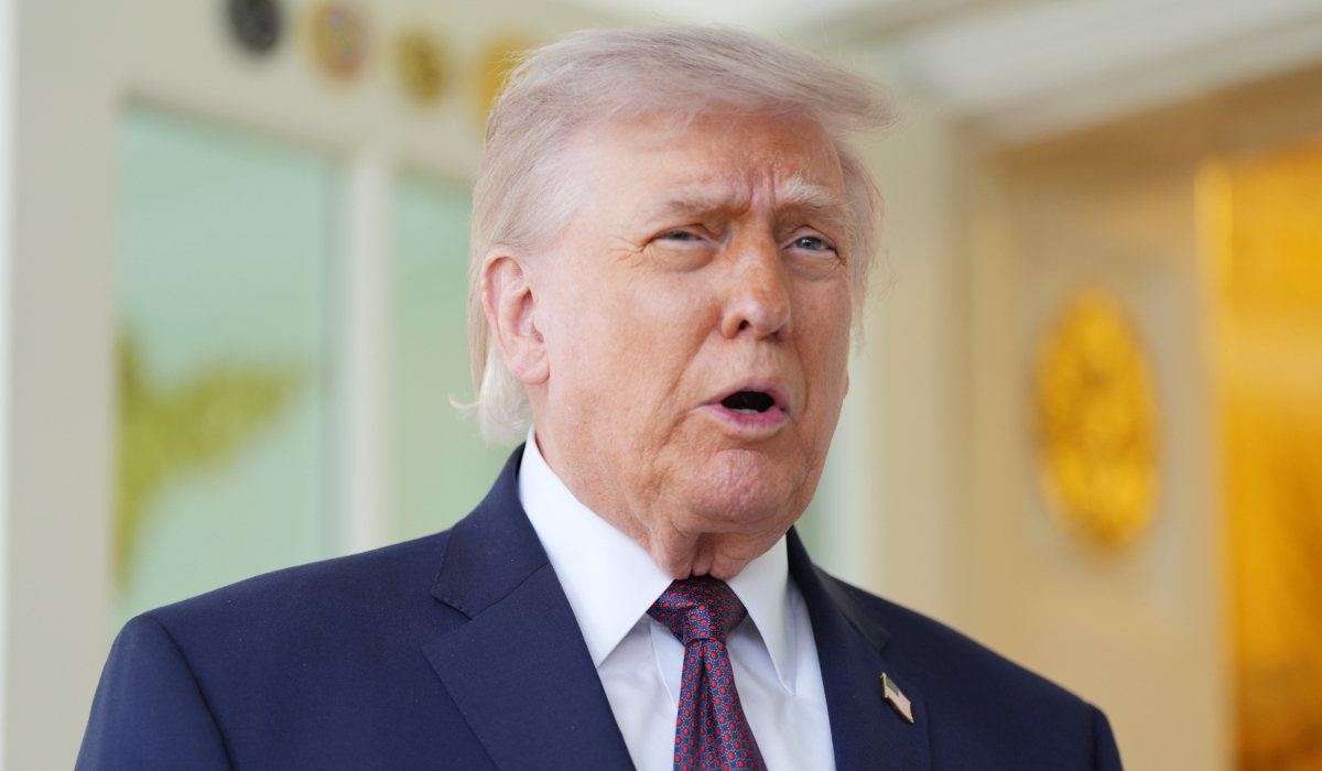 President Donald Trump speaks outside the Oval Office of the White House, Monday, April 13, 2026, in Washington. (AP)