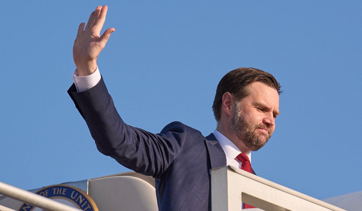 Vice President JD Vance waves goodbye as he boards Air Force Two to leave Islamabad, Sunday, April 12, 2026, after attending talks on Iran. (AP)