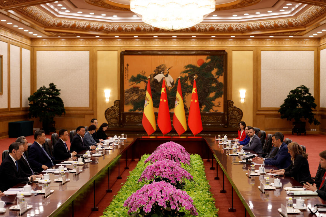 China’s President Xi Jinping and Spain’s Prime Minister Pedro Sanchez attend a meeting at the Great Hall of the People in Beijing on April 14, 2026. (Reuters)