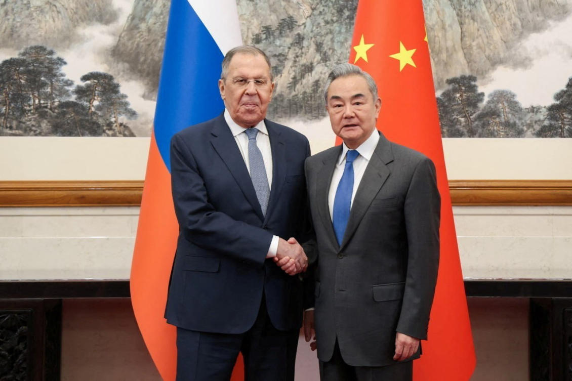 Russian Foreign Minister Sergei Lavrov shakes hands with Chinese Foreign Minister Wang Yi during a meeting in Beijing, China April 14, 2026. Russian Foreign Ministry/Handout via REUTERS ATTENTION EDITORS - THIS IMAGE WAS PROVIDED BY A THIRD PARTY. NO RESALES. NO ARCHIVES. MANDATORY CREDIT.