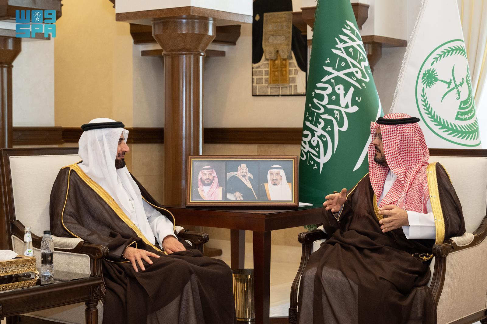 Makkah Deputy Gov. Prince Saud bin Mishaal bin Abdulaziz meets Minister of Hajj and Umrah Tawfiq Al-Rabiah at his office in Jeddah. (SPA)