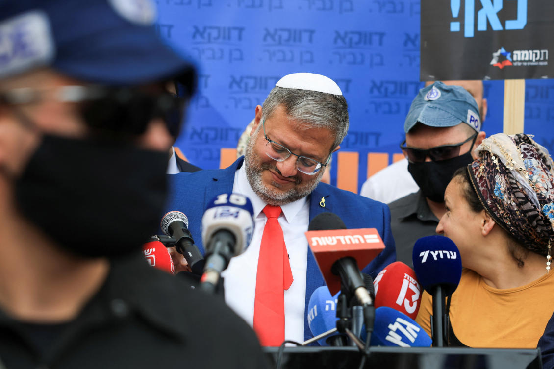 Israeli National Security Minister Itamar Ben-Gvir reacts on the day the Supreme Court hears a petition seeking to force Prime Minister Benjamin Netanyahu to oust Ben-Gvir, in Jerusalem, April 15, 2026. REUTERS/Ronen Zvulun