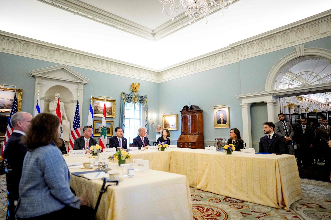Secretary of State Marco Rubio, accompanied by US Ambassador to Lebanon Michel Issa (4th-R), Lebanese Ambassador to the US Nada Hamadeh Moawad (2nd-R) and Israeli Ambassador to the US Yechiel Leiter (L), speaks at the start of talks on April 14, 2026 in Washington, DC. (Reuters)