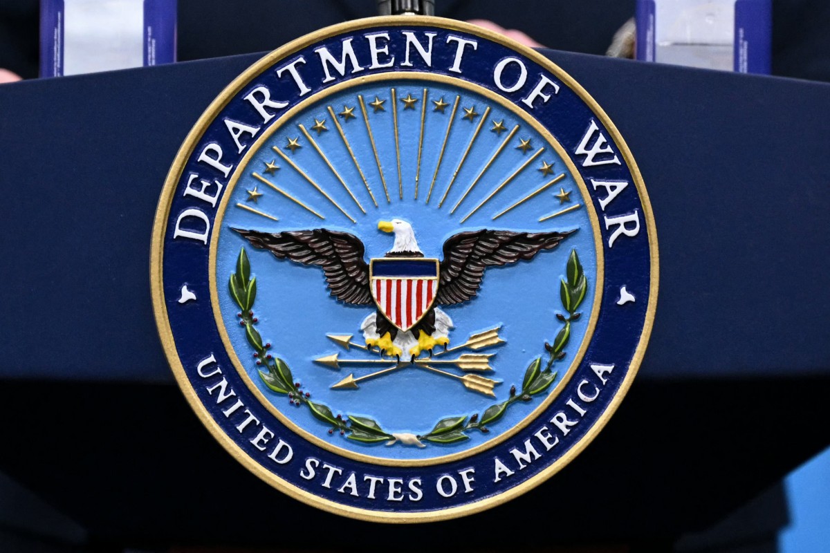 A Department of War seal is displayed on the podium at the Pentagon in Washington, DC. (AFP)
