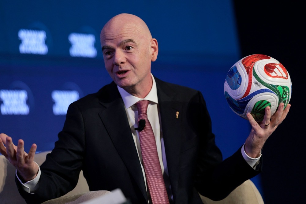 FIFA President Gianni Infantino speaks during the 2026 Semafor World Economy conference in Washington, DC, on April 15, 2026. (AFP)