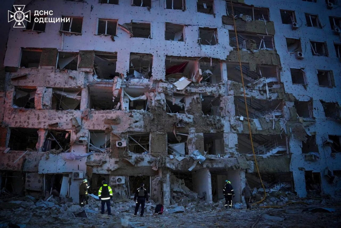 Rescuers work at a site of the apartment building hit by a Russian drone strike, amid Russia's attack on Ukraine, in Odesa, Ukraine in this handout picture released on April 16, 2026. (REUTERS)