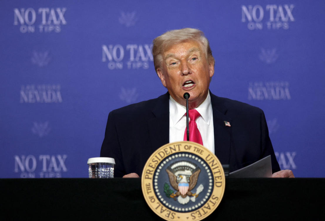 President Donald Trump speaks during a roundtable discussion on his “No Tax on Tips” policy at the AC Hotel on April 16, 2026 in Las Vegas, Nevada. Trump is in Las Vegas to promote the tax cuts he signed into law in the “One Big Beautiful Bill Act” ahead of the midterm election. (Getty Images via AFP)