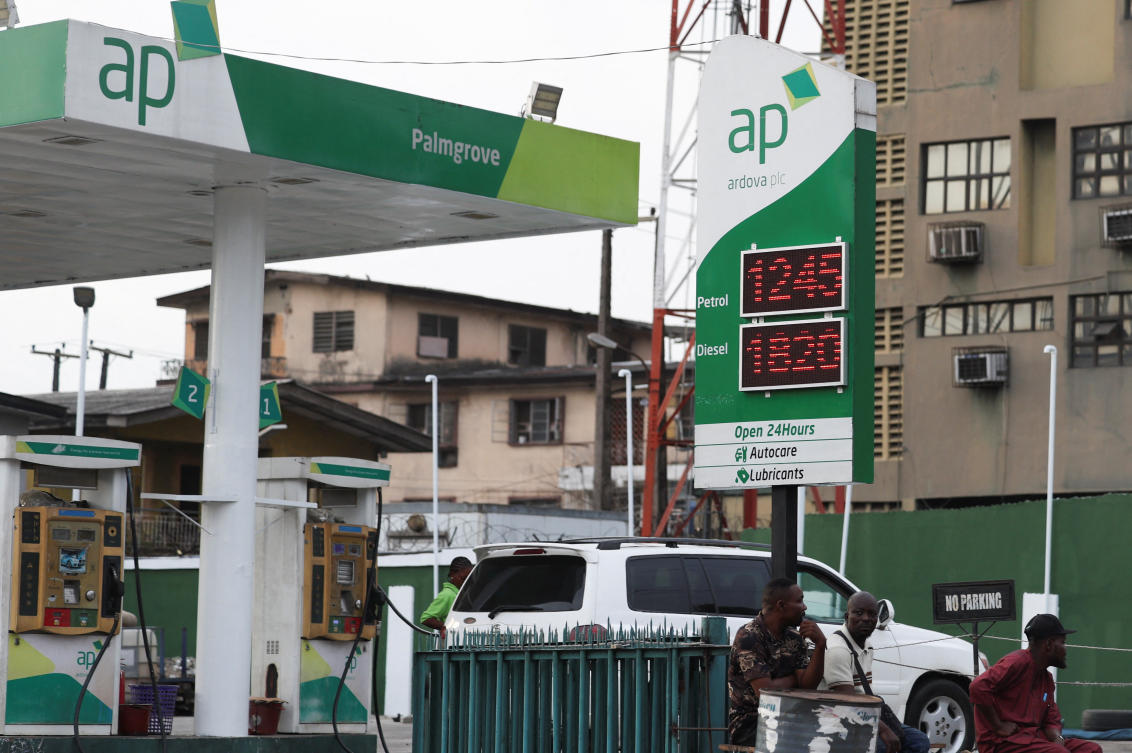 The prices of petrol and diesel are displayed on a gas station board in Palmgrove, Lagos, Nigeria, April 13, 2026. REUTERS/Sodiq Adelakun