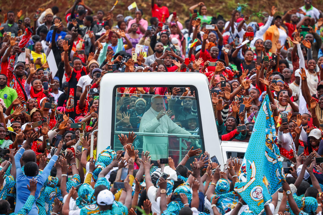 Pope Leo XIV arrives to hold a holy Mass for peace and justice at Bamenda airport in Bamenda, Cameroon on April 16, 2026. Catholics represent about 29 percent of Cameroon’s 29 million people. (Reuters)
