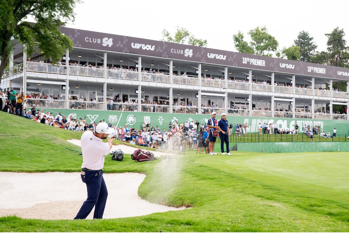 Captain Jon Rahm of Legion XIII hits his shot from a bunker on the 18th hole during the first round of LIV Golf Mexico City at Club de Golf Chapultepec on Thursday. (Charles Laberge/LIV Golf)