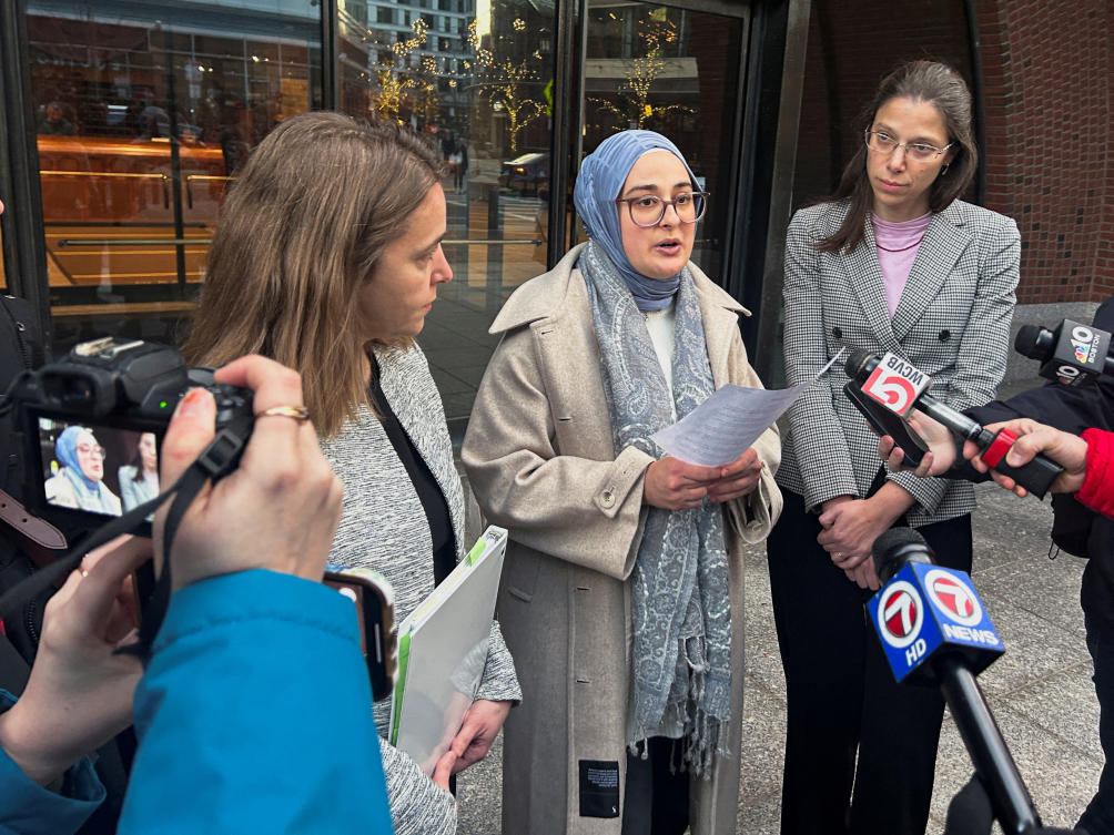 Rumeysa Ozturk, a Tufts University student from Turkiye, speaks to reporters after urging a federal judge to order the Trump administration to restore her student visa record, outside the federal court in Boston, Dec. 4, 2025. (Reuters/File)
