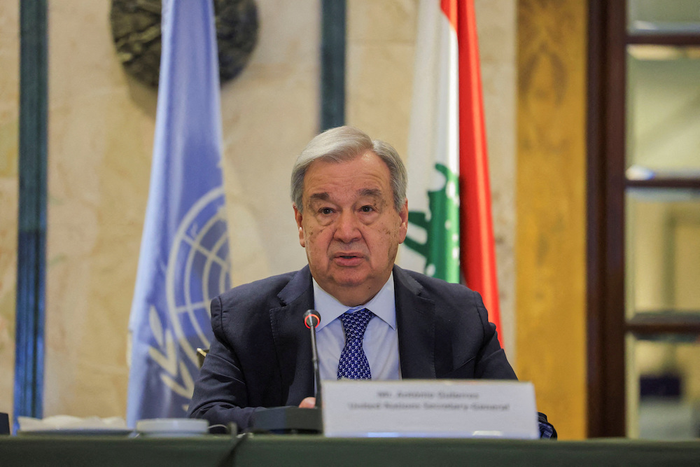 United Nations Secretary-General Antonio Guterres speaks during a press conference, following an escalation between Hezbollah and Israel amid the US-Israeli conflict with Iran, in Beirut, Lebanon, March 14, 2026. (Reuters/File Photo)