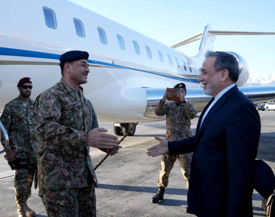 Iranian Foreign Minister Abbas Araghchi, right, welcomes Pakistan’s Army Chief Field Marshal Gen. Asim Munir upon his arrival in Tehran on April 15, 2026. (Telegram channel of the the Iranian Foreign Minister Abbas Araghchi via AP)