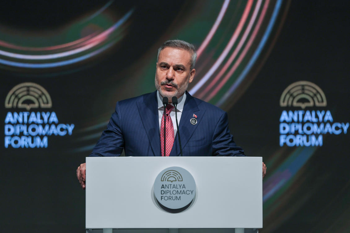 Turkey's Foreign Minister Hakan Fidan speaks during the open ceremony at Antalya Diplomacy Forum, in Antalya, southern Turkey, Friday, April 17, 2026. (AP Photo/Riza Ozel)