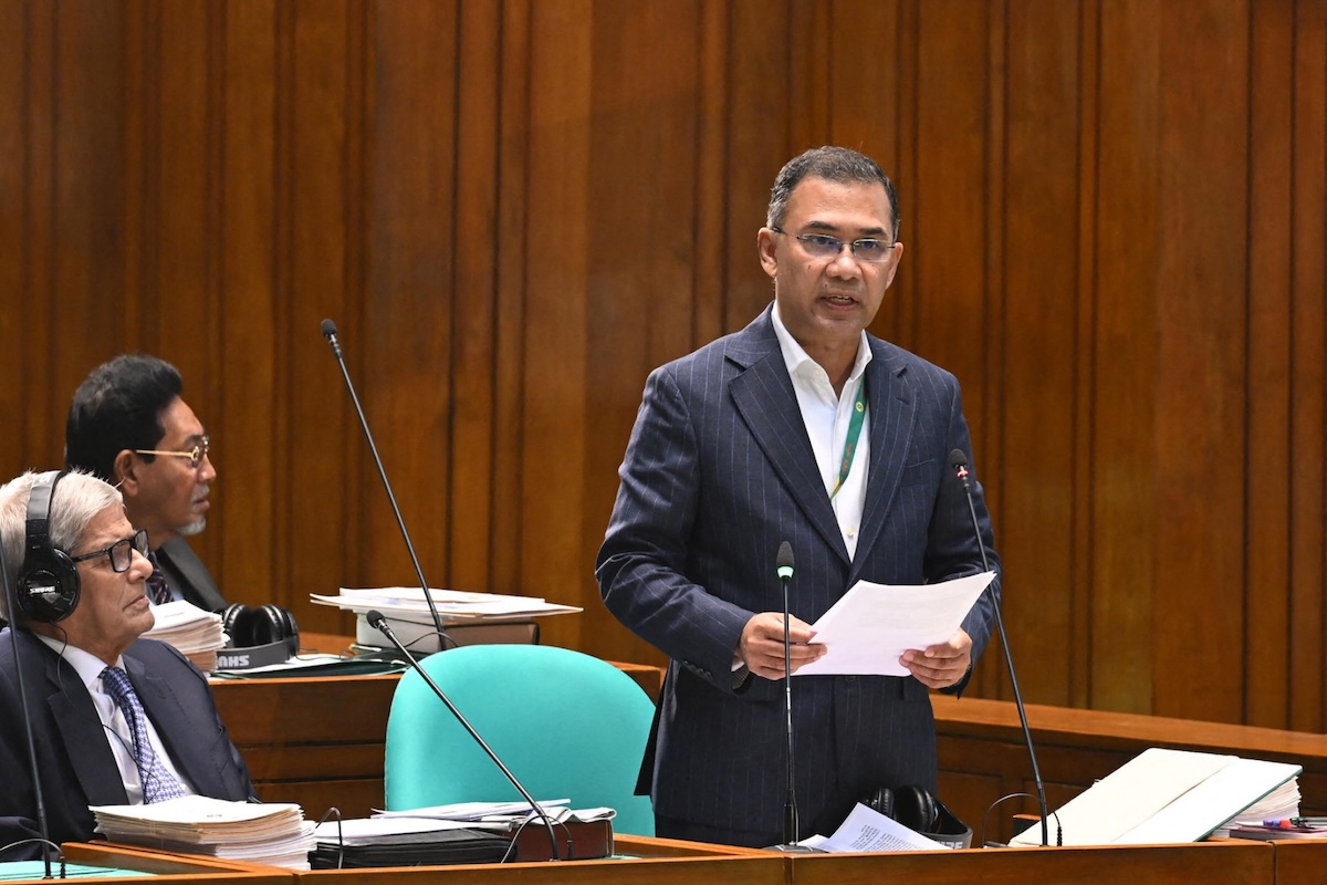 This handout photo released by Bangladesh’s Press Information Department on March 12, 2026 shows Prime Minister Tarique Rahman speaking during a parliamentary session in Dhaka. (AFP file photo)