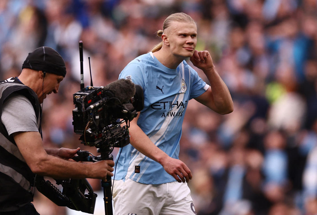 Manchester City’s Erling Haaland celebrates after the match against Arsenal, with the Premier League title race set to go down to the wire. (Action Images via Reuters)
