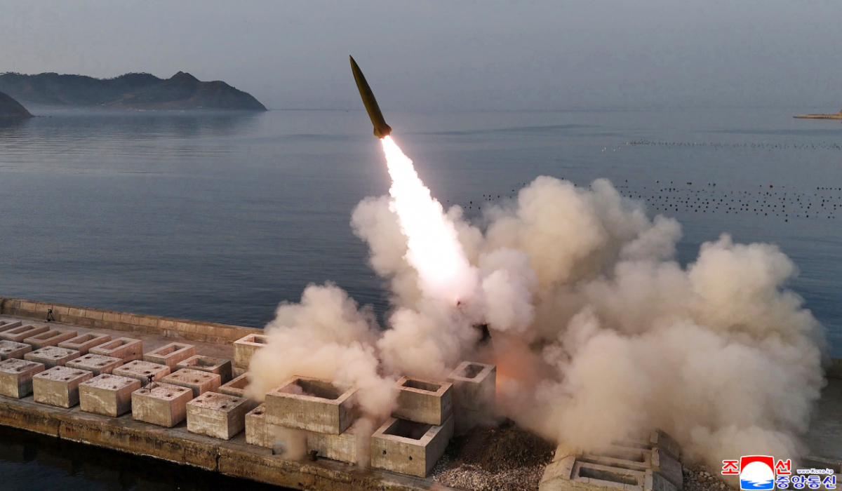 This photo provided by the North Korean government, shows what it says a test launch of an upgraded surface-to-surface ballistic missile at an undisclosed place in North Korea Sunday, April 19, 2026. (AP)
