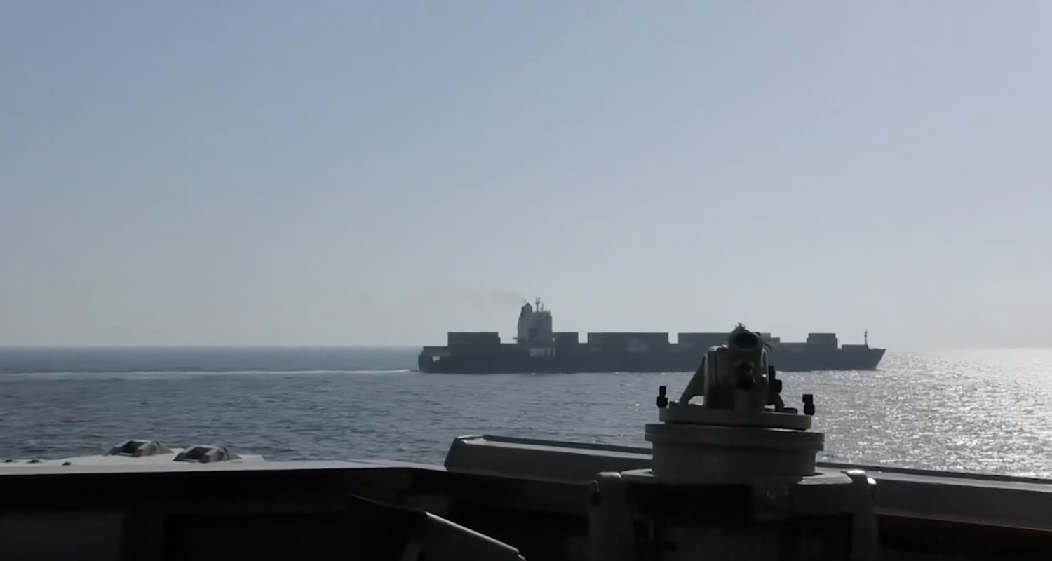  Screengrab from US military video showing the US Navy's guided-missile destroyer USS Spruance intercepting the Iranian-flagged M/V Touska as it transited the north Arabian Sea at 17 knots enroute to Bandar Abbas, Iran. (X: @CENTCOM) 