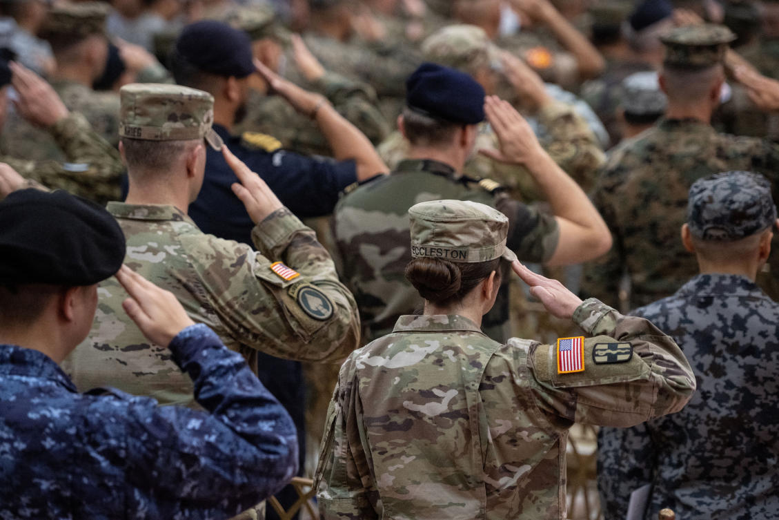 Philippine and US soldiers salute during the opening ceremony of the US-Philippines ‘Balikatan’ joint military exercises at Camp Aguinaldo in Quezon City, Philippines on April 20, 2026. (Reuters)