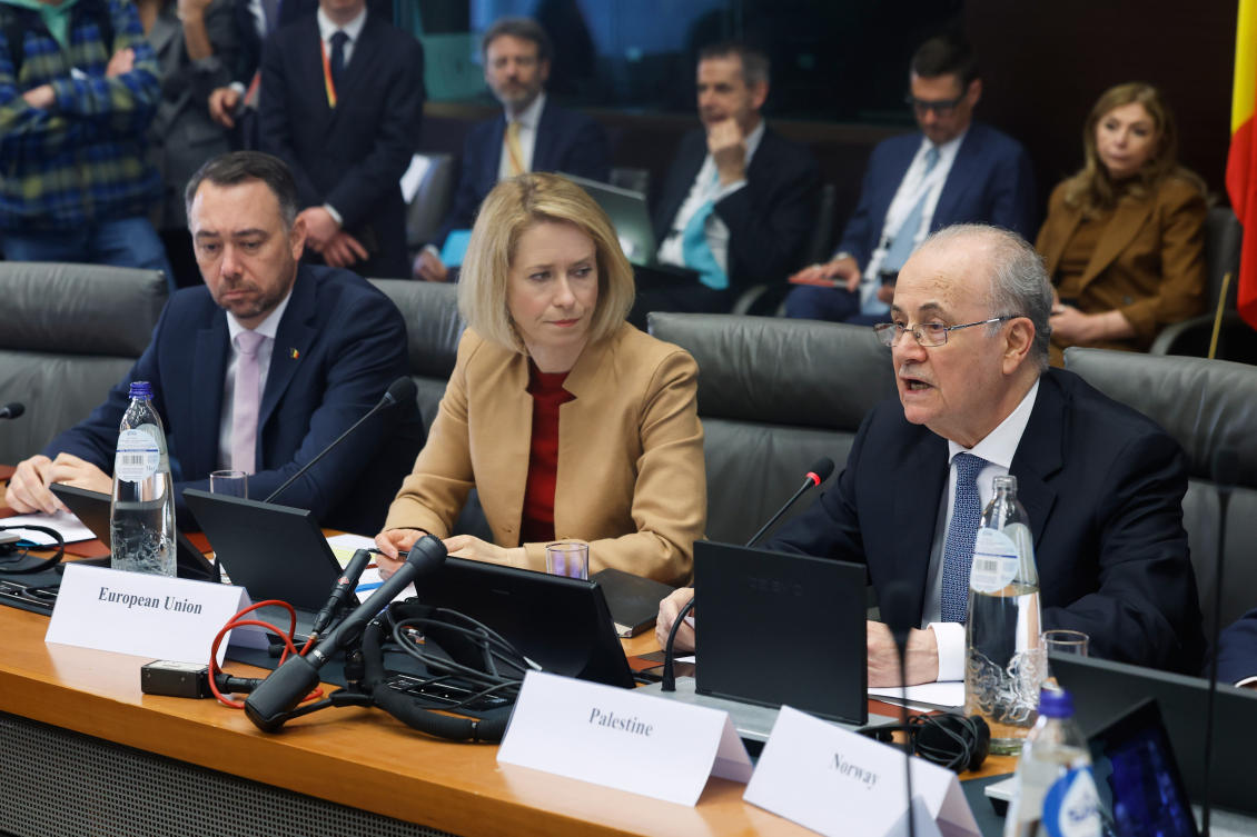 European Union foreign policy chief Kaja Kallas listens as Palestinian Prime Minister Mohammad Mustafa, right, speaks during a meeting of the Global Alliance for the Implementation of the Two-State Solution in Brussels, Monday, April 20, 2026. (AP)