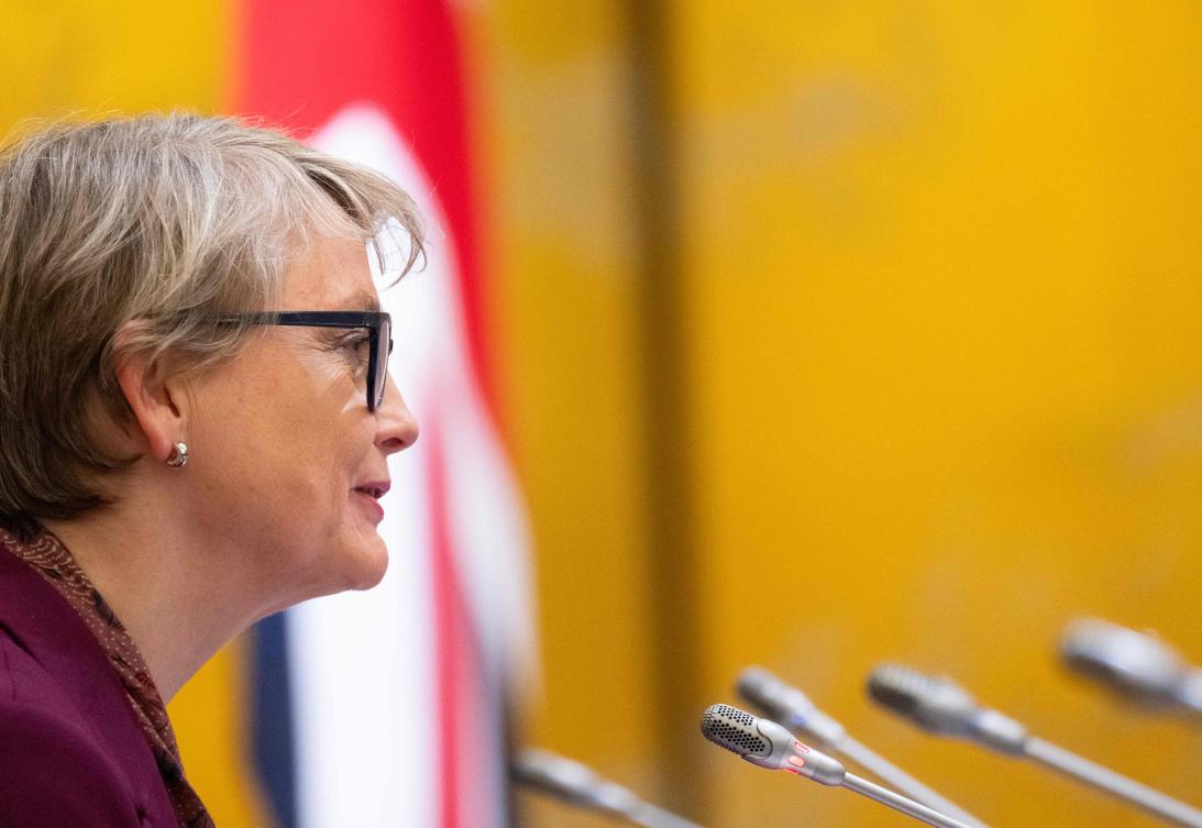 Britain's Foreign Secretary Yvette Cooper speaks during a meeting with Japan's Foreign Minister Toshimitsu Motegi at the Iikura Guest House in Tokyo on April 20, 2026. (AFP)