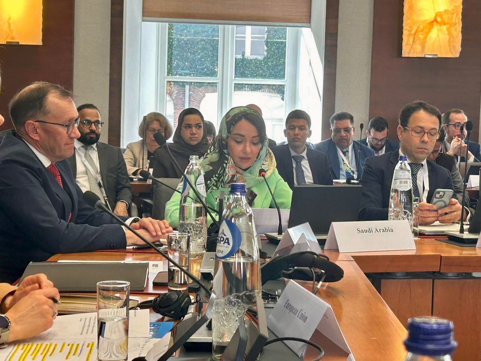 Manal bint Hassan Radwan participates in the Global Alliance for the Implementation of the Two-State Solution meeting in Brussels on Monday. (SPA)