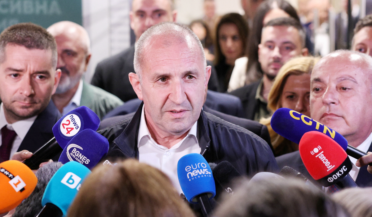 Rumen Radev, former Bulgarian president and leader of Progressive Bulgaria coalition, speaks to the media after the first exit polls at the parliamentary election, in Sofia, Bulgaria, April 19, 2026. (REUTERS)