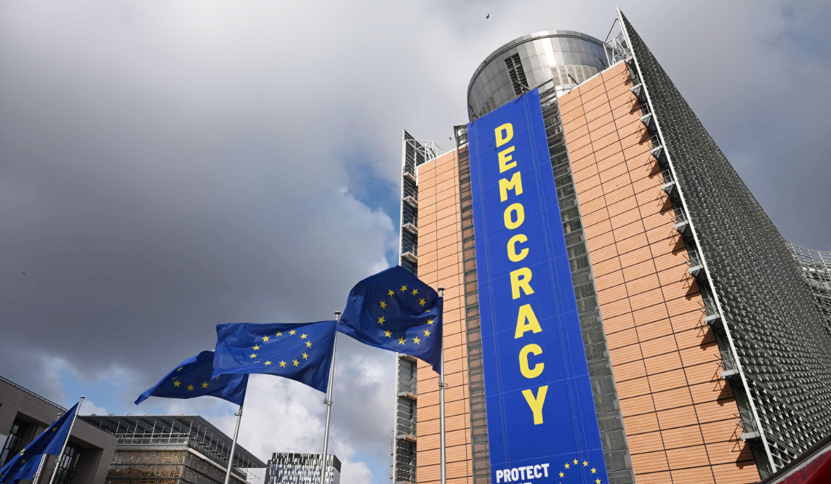 This photograph shows an outside view of the Berlaymont building, headquarters of the European Commission, in Brussels on April 20, 2026. (AFP)