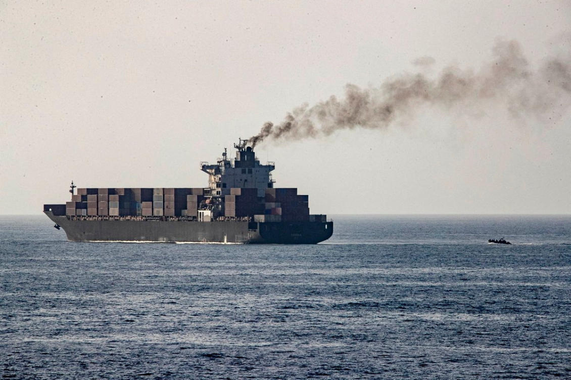 The Iranian-flagged container ship Touska was boarded on Sunday off the coast of Iran’s Chabahar port in the Gulf of Oman and last reported its position at 1308 GMT. (US Central Command via Reuters)