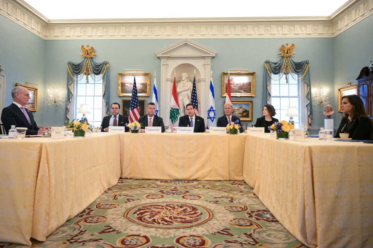 US Secretary of State Marco Rubio, center, alongside US State Department Counselor Michael Needham, third left, and US Ambassador to Lebanon Michel Issa, third right, speaks during a meeting with Lebanon’s Ambassador to the US Nada Hamadeh Moawad, right, and Israeli Ambassador to the US Yechiel Leiter, left, at the State Department in Washington, DC on April 14, 2026. (AFP)