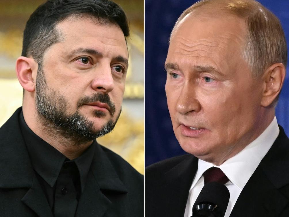 This combination of pictures created on August 18, 2025 shows Ukrainian President Volodymyr Zelensky (L) in Washington, DC, on August 18, 2025 and Russian President Vladimir Putin in Anchorage, Alaska, on August 15, 2025. (FILE/AFP)