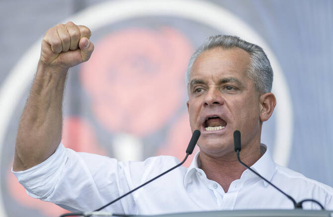 Vladimir Plahotniuc addresses a rally in Chisinau, Moldova, in 2019. (AP/File)