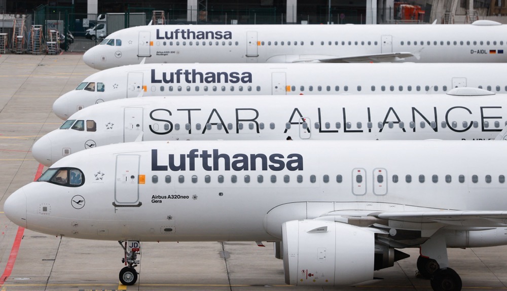 Lufthansa Group airplanes are parked on the tarmac during a strike by the UFO union, representing Lufthansa cabin crew, at Frankfurt Airport, Germany, April 10, 2026. (Reuters)