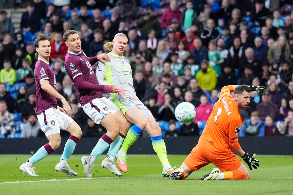 Manchester City’s Erling Haaland, second right, scores the only goal of the night. (AP)