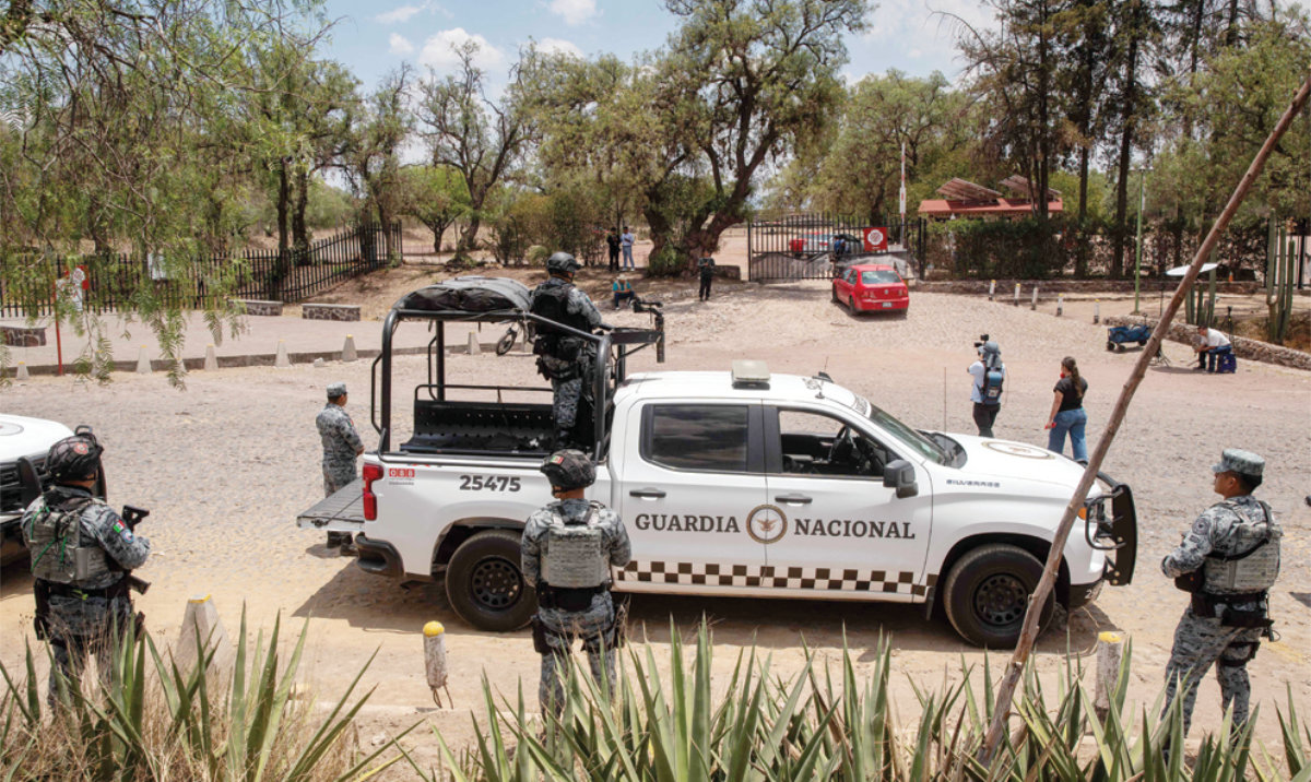 National Guard members stand guard at the Teotihuacan archaeological zone following a shooting in Teotihuacan, State of Mexico, on Tuesday. (AFP)