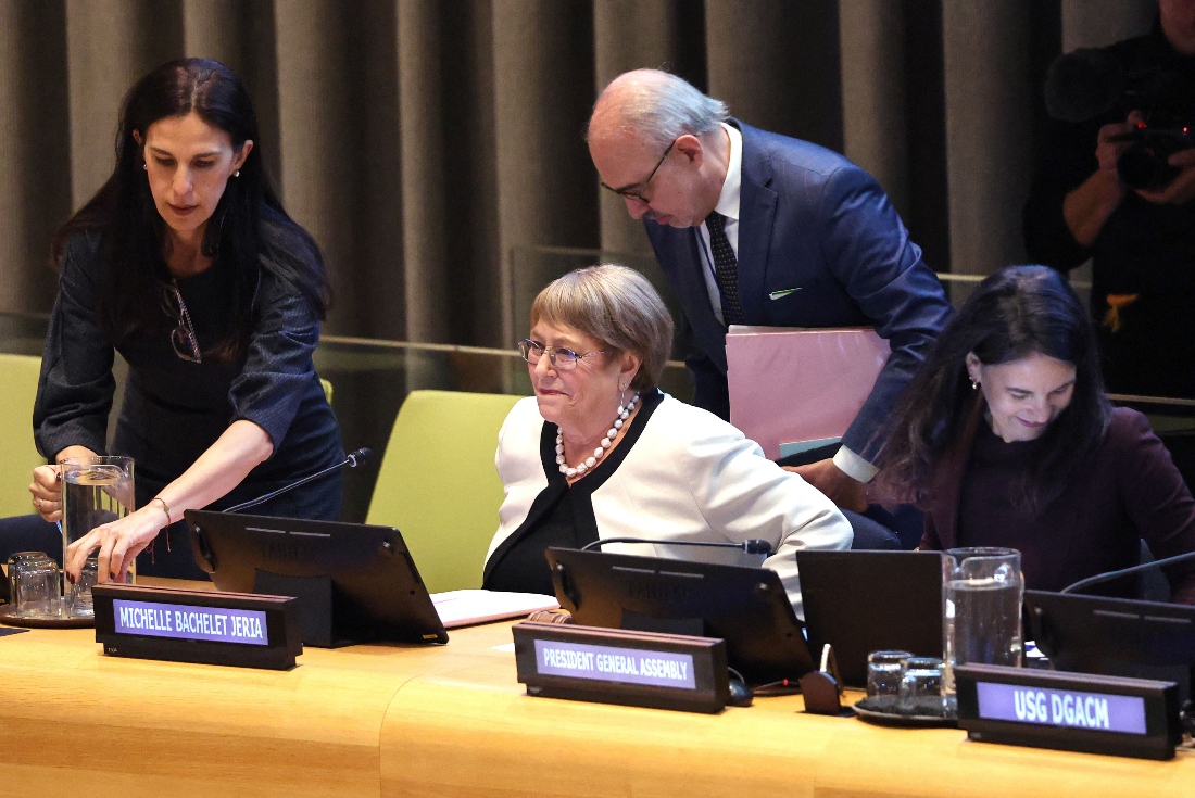 Former Chilean president Michelle Bachelet arrives for a hearing to be considered as the next Secretary-General of the United Nations at the UN Headquarters in New York, US. (AFP)