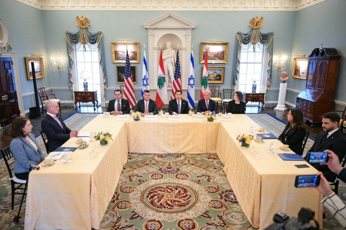 US Secretary of State Marco Rubio (C) speaks during a meeting with Lebanon's Ambassador to the US Nada Hamadeh Moawad (2R) and Israeli Ambassador to the US Yechiel Leiter (2L) at the State Department in Washington, DC, on April 14, 2026. (FILE/AFP)