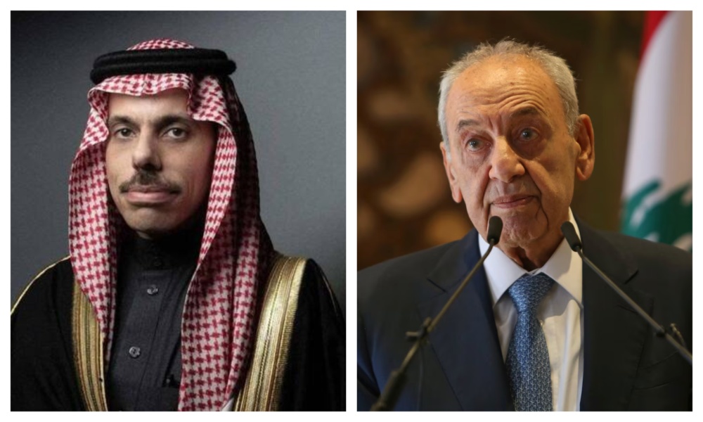 Saudi Foreign Minister Prince Faisal bin Farhan and the Speaker of the Lebanese Parliament Nabih Berri. (File/AFP/Reuters)