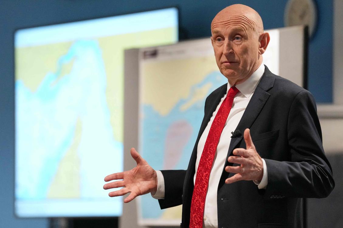 Britain’s Defense Secretary John Healey speaks during a ‘Strait of Hormuz Military Planning Conference’ at the Permanent Joint Headquarters at Northwood, north-west London, April 23, 2026. (AFP)