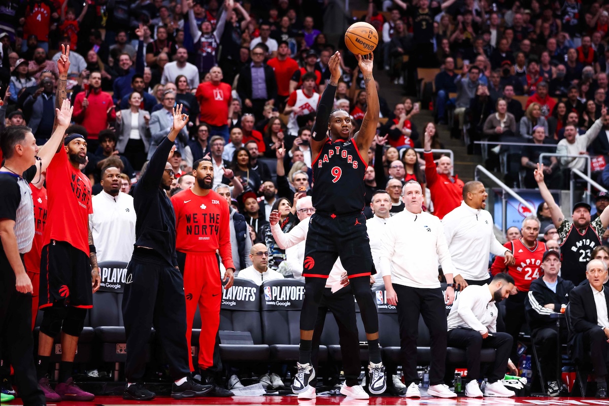 Above, RJ Barrett of the Toronto Raptors puts up a shot against the Cleveland Cavaliers during Game Three of their Eastern Conference First Round NBA Playoffs at Scotiabank Arena on April 23, 2026 in Toronto, Ontario, Canada. (Getty Images/AFP)