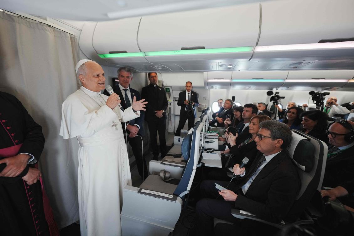 Pope Leo XIV speaks to journalists aboard the papal flight from Malabo to Rome, on Apr. 23, 2026, at the end of his 11-day pastoral visit to Africa. (AFP)