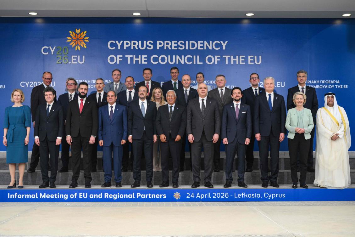 Leaders from Lebanon, Egypt, Jordan, Syria and the GCC secretary general, join European leaders including Emmanuel Macron and Friedrich Merz at an EU meeting in Nicosia on Friday. (AFP)