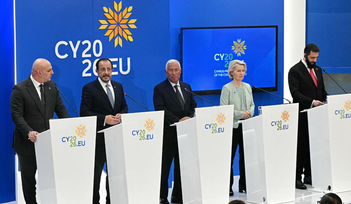 Syria’s President Ahmed Al-Sharaa with Lebanon’s President Joseph Aoun, Cyprus’ President Nikos Christodoulides, European Council President Antonio Costa, European Commission President Ursula von der Leyen, in Nicosia. (AFP)