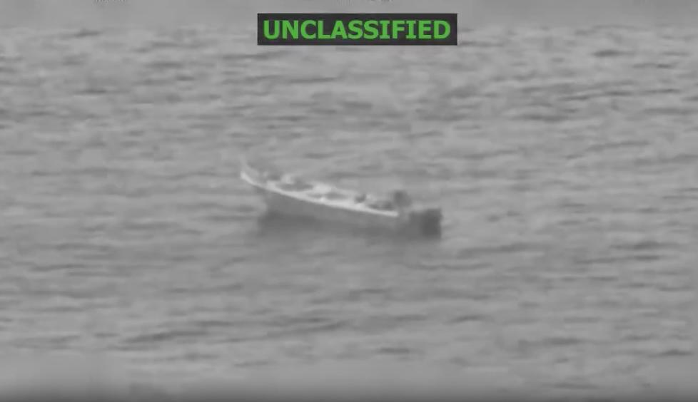 Above, a frame grab of a video released by the Southern Command shows the vessel that was struck in the Eastern Pacific. (X:@Southcom)