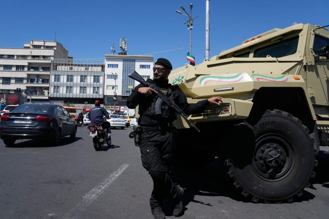Iran has in recent weeks ramped up executions during its war with Israel and the United States that began on February 28. Above, member of Iran’s police special forces stands guard in Tehran on April 24, 2026. (AP)
