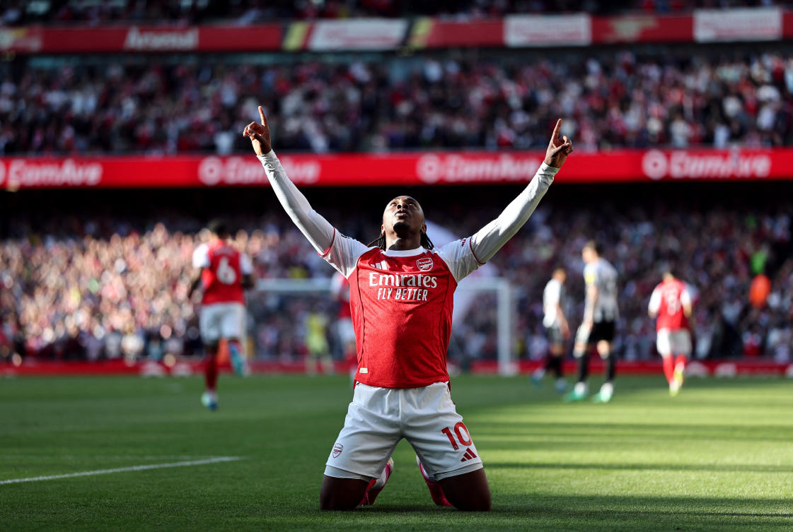 Arsenal's Eberechi Eze celebrates scoring their first goal during their Premier League match against Newcastle United - Emirates Stadium, London - Apr. 25, 2026. (Reuters)