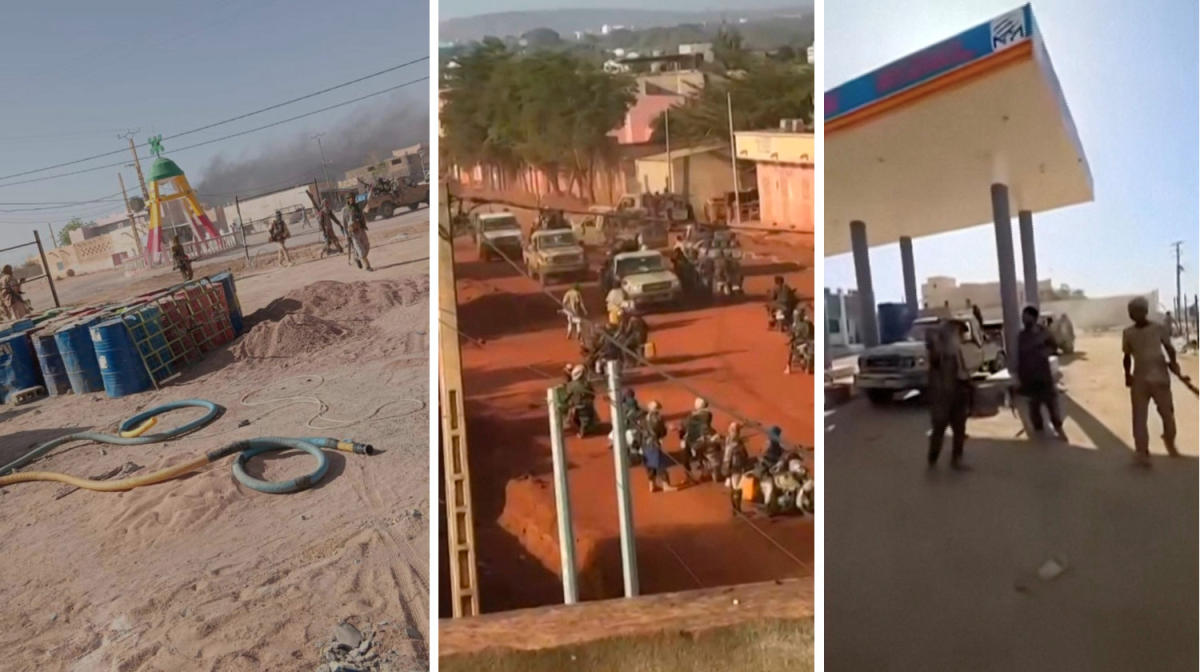 This combination of pictures obtained from a social media shows armed members of an unidentified group gather in Kidal, Mali, on April 25, 2026. (Mohamed Elmaouloud Ramadane/via Reuters)