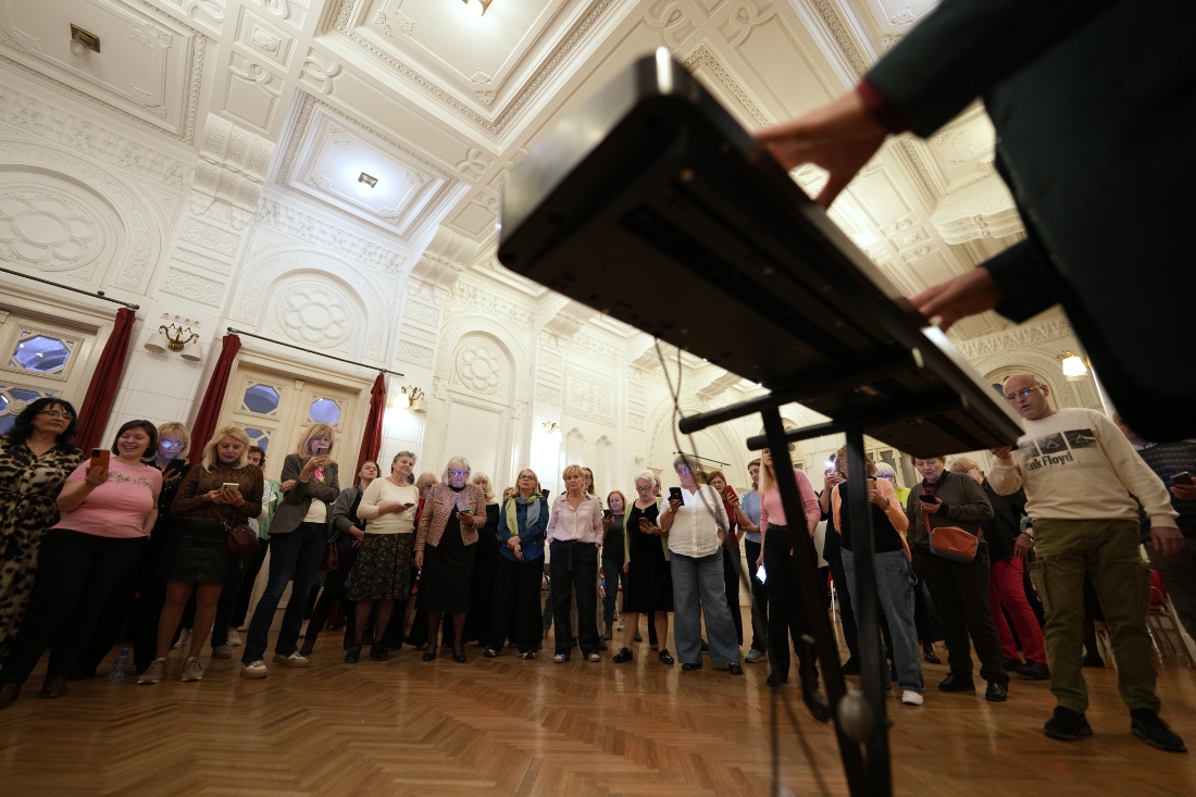 Choir members perform a song during a practice in Belgrade, Serbia. (AP)