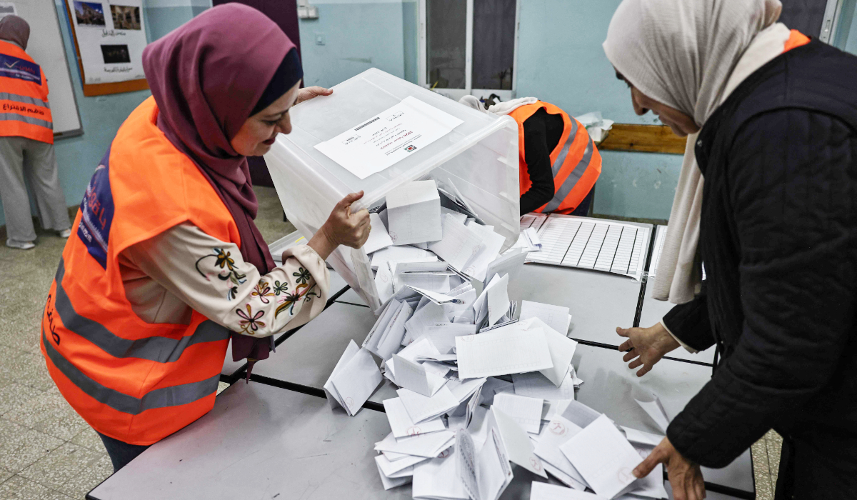 Palestinian electoral employees begin counting votes in the municipal elections after the close of polling stations in the Israeli-occupied West Bank city of Al-Bireh on April 25, 2026. (AFP)